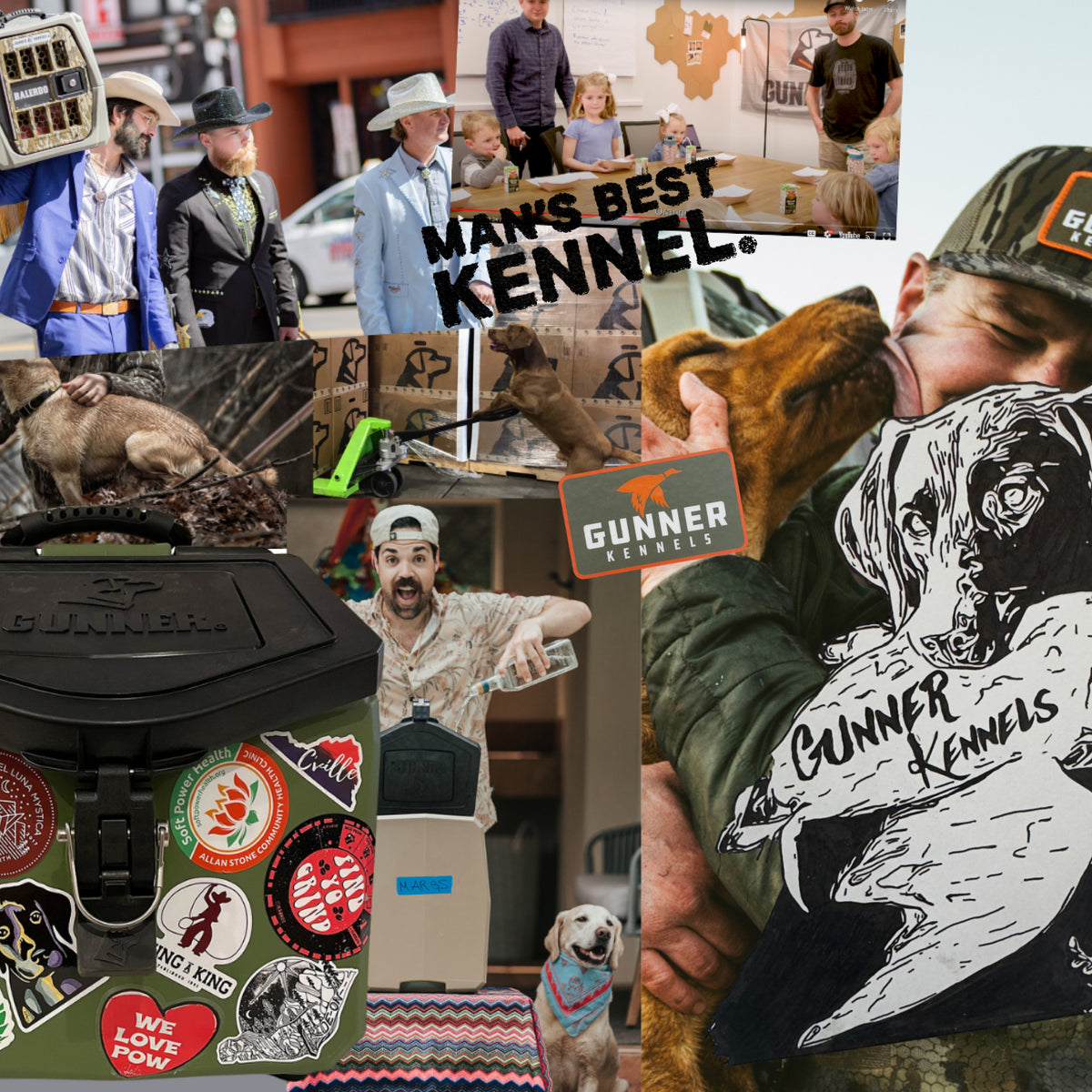 A collage featuring dogs, people, and Gunner Kennels branding, including a close-up of a man hugging a working dog, stickers, dog crates, kennels, outdoor scenes, and the slogan Man’s Best Kennel.