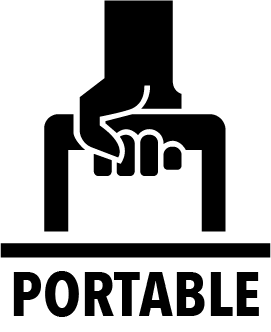 Black icon of a hand gripping a handle above the word PORTABLE, indicating that this kennel is easy to carry—perfect for your hunting dog or working dog on the go.
