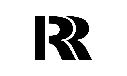 Bold black letters RR in a modern, stylized font, with the left R appearing solid and the right R featuring curved, overlapping lines. Perfect for branding outdoor gear or a working dog kennel, this design features a transparent background.