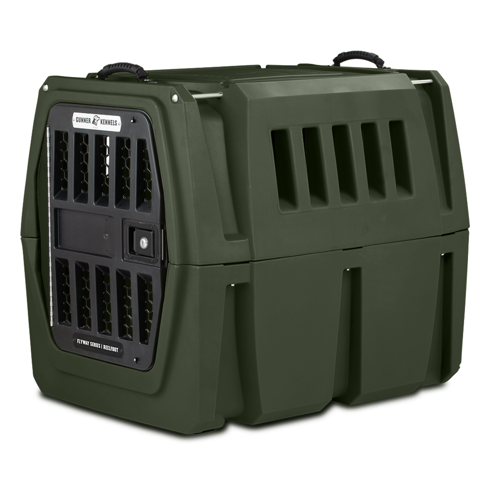 The GUNNER G1™ Kennel is a sturdy, dark green double-walled crate with ventilation slats, a secure metal door, and top handles—engineered for maximum shock protection and safe dog transport.