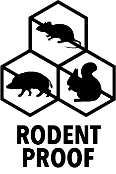 Black silhouettes of a rat, squirrel, and mouse inside three hexagons, with “RODENT PROOF” in bold below—ideal for kennel spaces or outdoor gear protection.