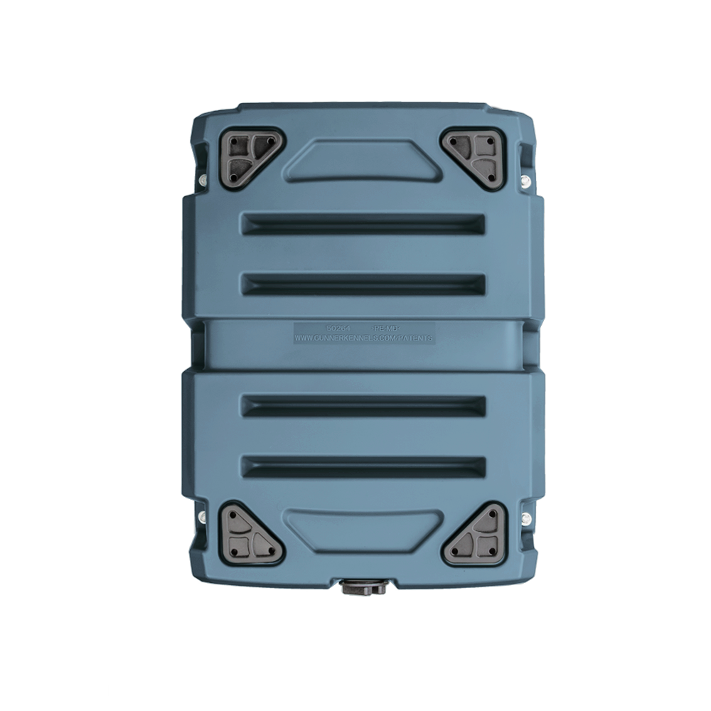 The GUNNER G1™ KENNEL - Ducks Unlimited Blue is a hard-shell, blue rectangular kennel with black corner latches, grooved panels, and a drain spout at the bottom, inspired by Ducks Unlimiteds commitment to waterfowl habitats.