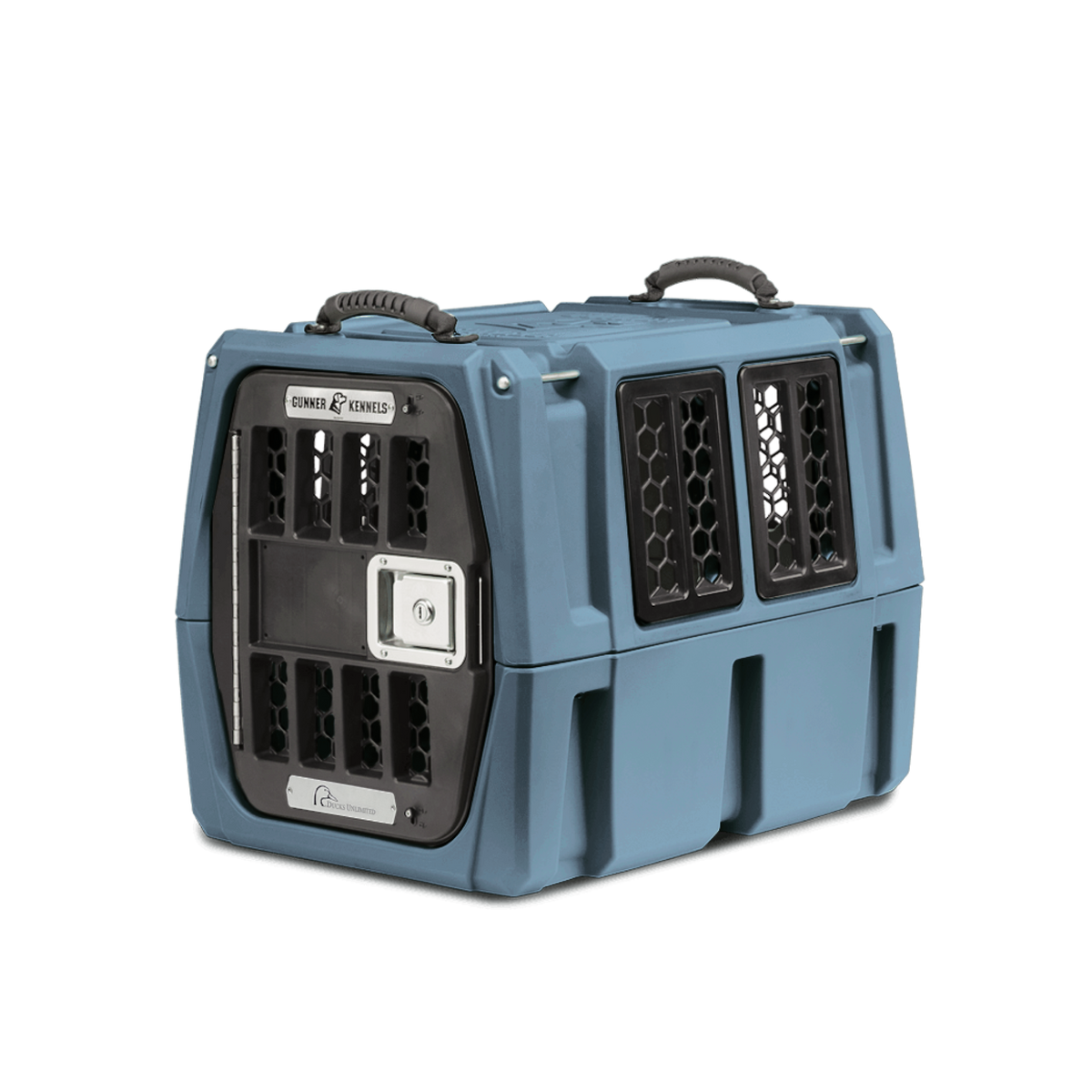 The GUNNER G1™ KENNEL - Ducks Unlimited Blue features a tough plastic build, black side and front ventilation grilles, secure locking door, and top handles—perfect for safely transporting pets or aiding Ducks Unlimited waterfowl habitats.