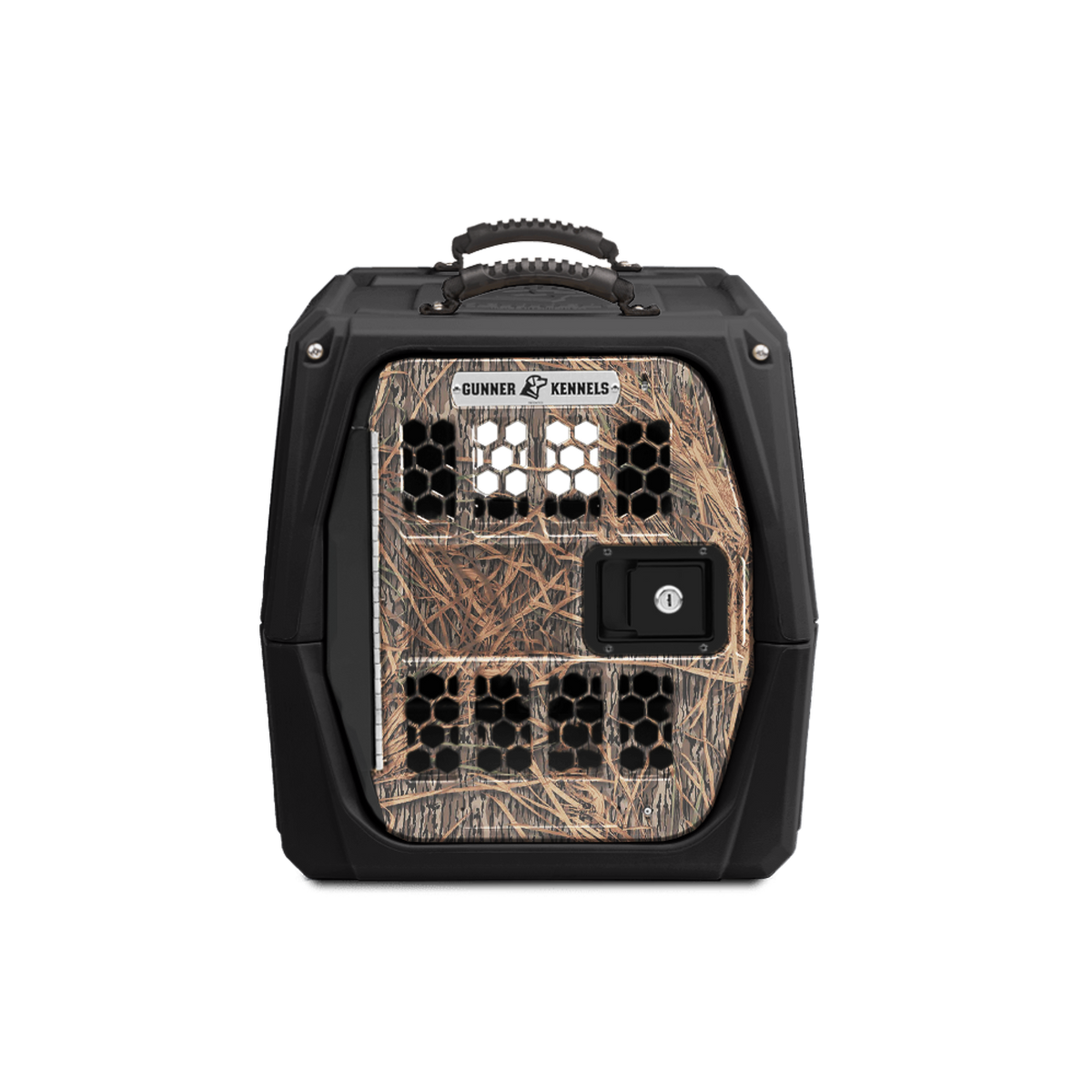 The GUNNER G1™ KENNEL - BLACK/SHADOW GRASS features a Mossy Oak camo front door, hexagonal vents, locking latch, and sturdy handle. Ideal for duck hunters, with the Gunner logo above the door for added style and safety.