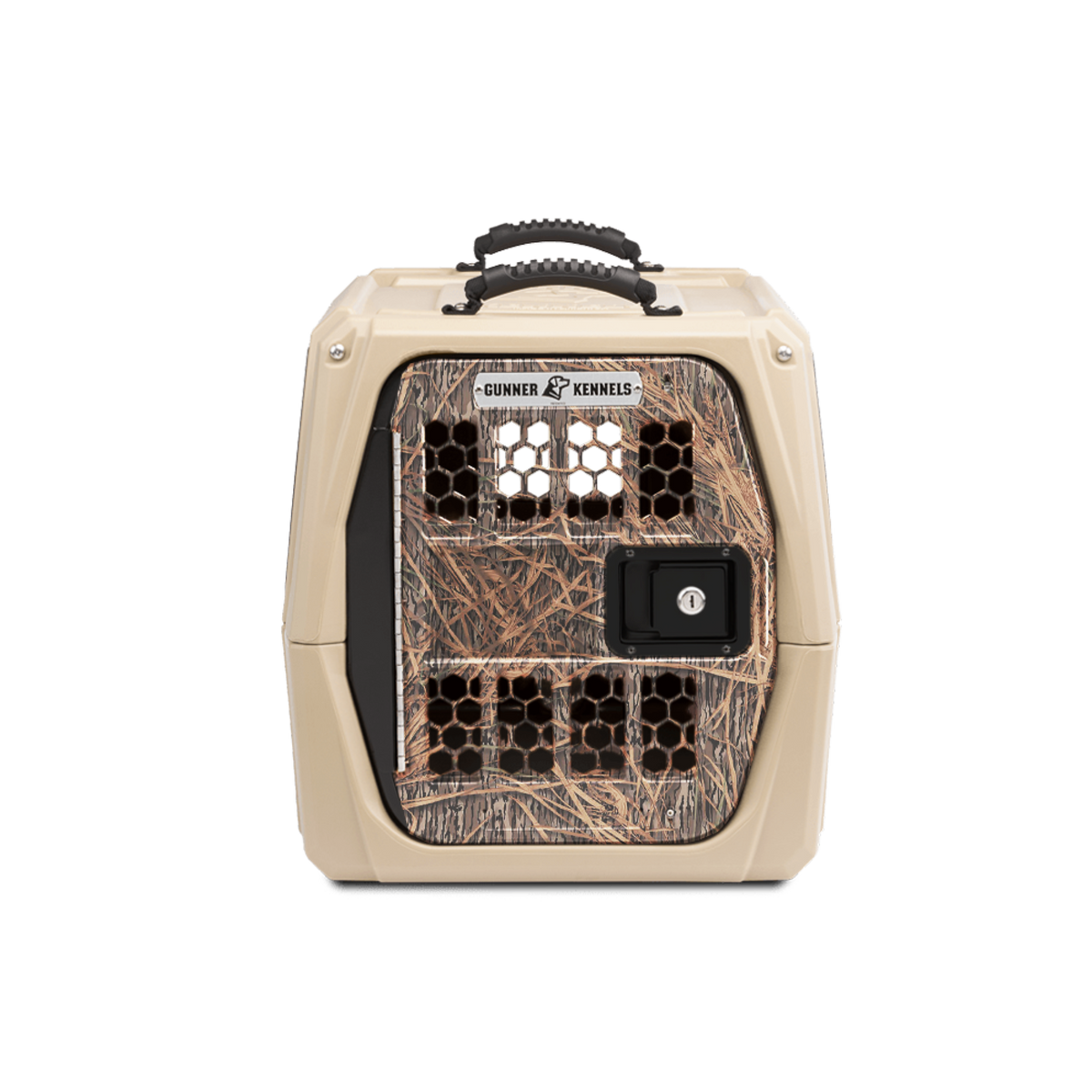 The GUNNER G1™ KENNEL - TAN/SHADOW GRASS features a camo door, black ventilation holes, secure latch, and sturdy black handle. Made for duck hunters, it’s trusted as the safest dog crate.