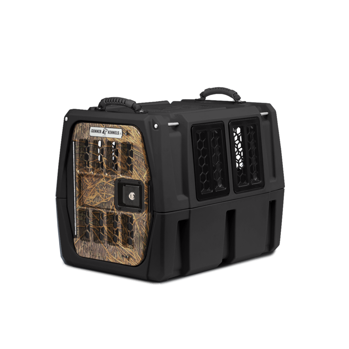The GUNNER G1™ KENNEL in Black/Shadow Grass features hard-sided protection, camo-patterned vented door, top handles, and a secure latch—perfect for duck and goose hunters seeking the safest field dog crate.