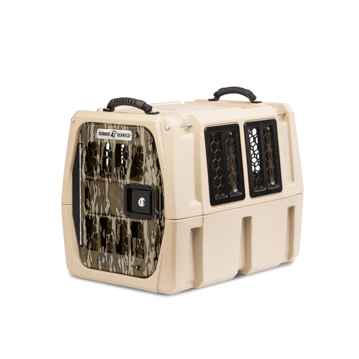 The GUNNER G1™ KENNEL - MOSSY OAK BOTTOMLAND TAN is a durable tan plastic dog crate with a camo-patterned door, black top handle, and dual side ventilation for safe animal transport.