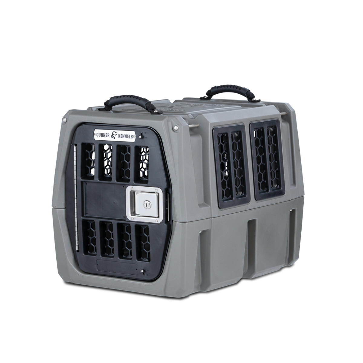 The GUNNER G1™ KENNEL in gunmetal features rugged construction, black side and door ventilation grilles, a secure metal latch, and dual top handles—engineered for the safe transport of animals.