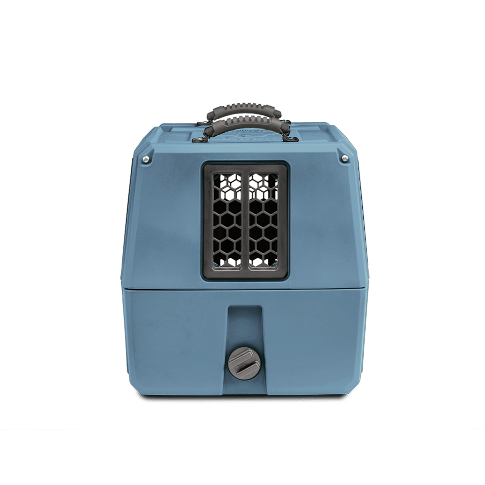 The GUNNER G1™ KENNEL - Ducks Unlimited Blue features a durable plastic build, black mesh window, and top handle, shown front-facing on a white background—ideal for outings to Ducks Unlimited events or waterfowl habitats.