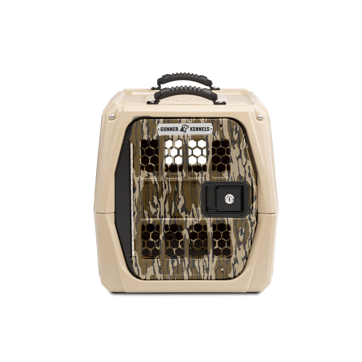 A tan GUNNER G1™ Kennel with a Mossy Oak Bottomland camo front door, black handle, and ventilation holes.