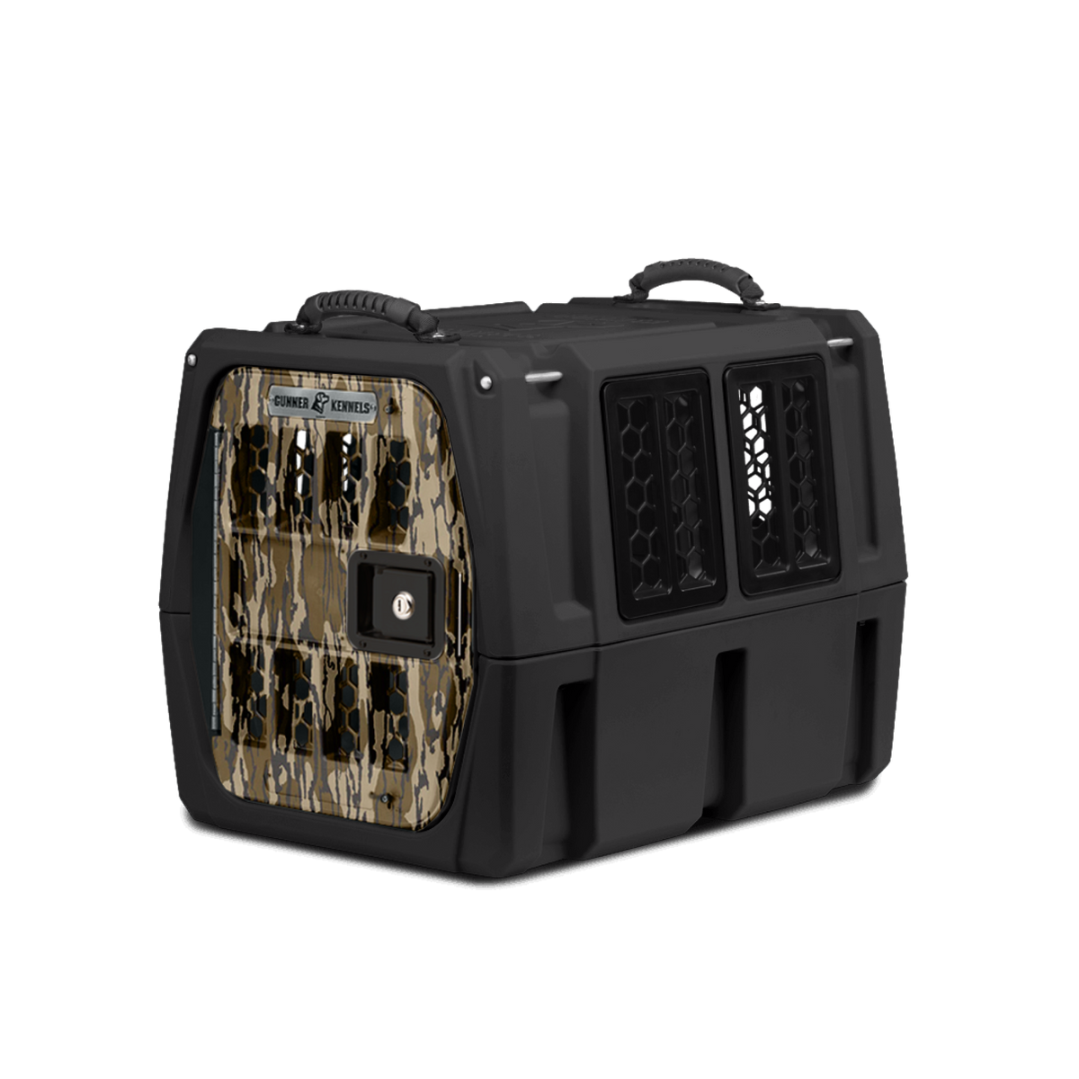 The GUNNER G1™ KENNEL - Mossy Oak Bottomland Black, featuring a secure door, side ventilation windows, and sturdy top handles, is shown against a plain white background.
