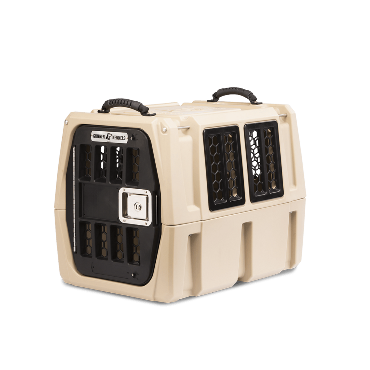 The GUNNER G1™ KENNEL - TAN is a double-walled dog crate with black ventilation windows and top handles, designed for safe animal transport and added shock protection.