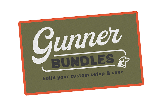 A rectangular logo with an olive-green background and red-orange border features the text Gunner Bundles and build your custom setup & save, a small dog head icon, and highlights premium outdoor gear like a dog kennel or crate.