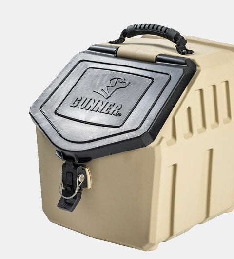 A tan, heavy-duty dog food storage container with a black lid, secure latch, and the brand name Gunner embossed on top—perfect for keeping your working or hunting dogs food fresh and protected.