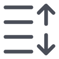 Icon showing three horizontal lines on the left with an upward-pointing arrow above a downward-pointing arrow on the right, symbolizing sorting or organizing options in a list—ideal for managing items like hunting dog profiles or dog kennel inventories.