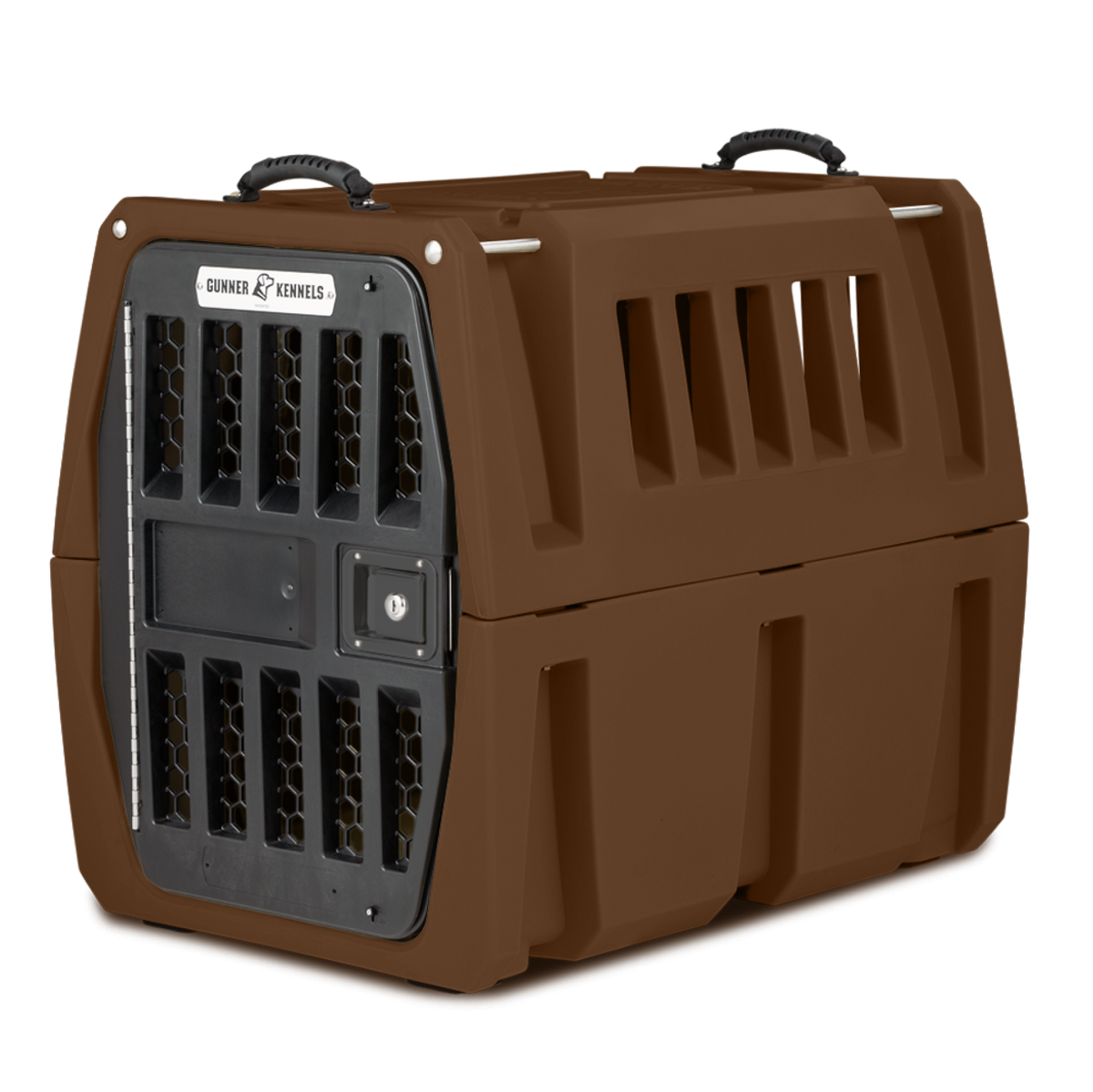 The GUNNER G1™ KENNEL - SUSQUEHANNA is a brown hard plastic pet kennel featuring Flyway-inspired colors, ventilation slots, a locking metal door, and two black top handles for carrying. The kennel is shown on a white background.