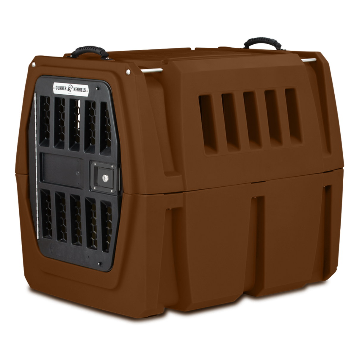 The GUNNER G1™ KENNEL - SUSQUEHANNA is a sturdy brown plastic pet travel crate with Flyway colors, ventilation slats, and a secure metal door, designed for safe animal transport.
