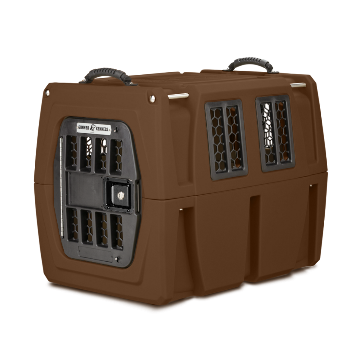 The GUNNER G1™ KENNEL - SUSQUEHANNA, from the Archive Series in Flyway colors, is a brown hard-shell pet crate with black metal vents and door, dual top handles, a secure latch, and sits on a light gray background.