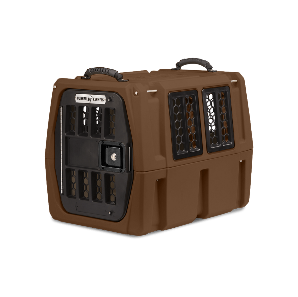 The GUNNER G1™ KENNEL - SUSQUEHANNA is a brown plastic pet kennel with black metal grid windows and door, Flyway colors from the Archive Series, top carrying handles, and side/front ventilation panels.