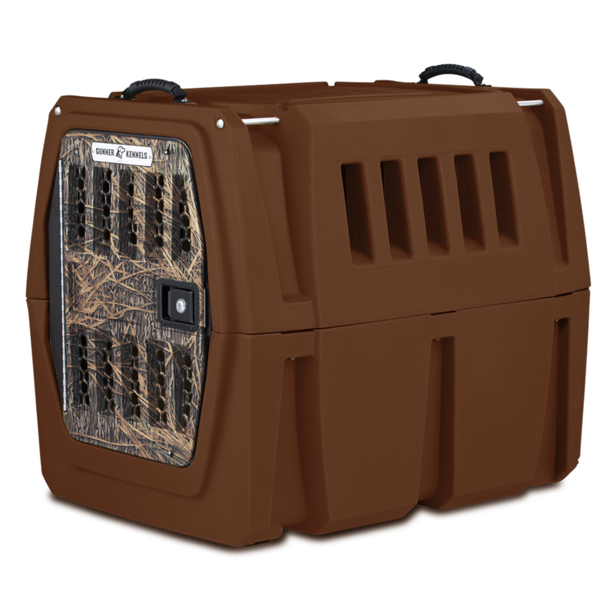 The GUNNER G1™ KENNEL - SUSQUEHANNA/MOSSY OAK SHADOW GRASS is a heavy-duty brown crate with Mossy Oak front door, side vents, and sturdy top handles—ideal for duck and goose hunters.