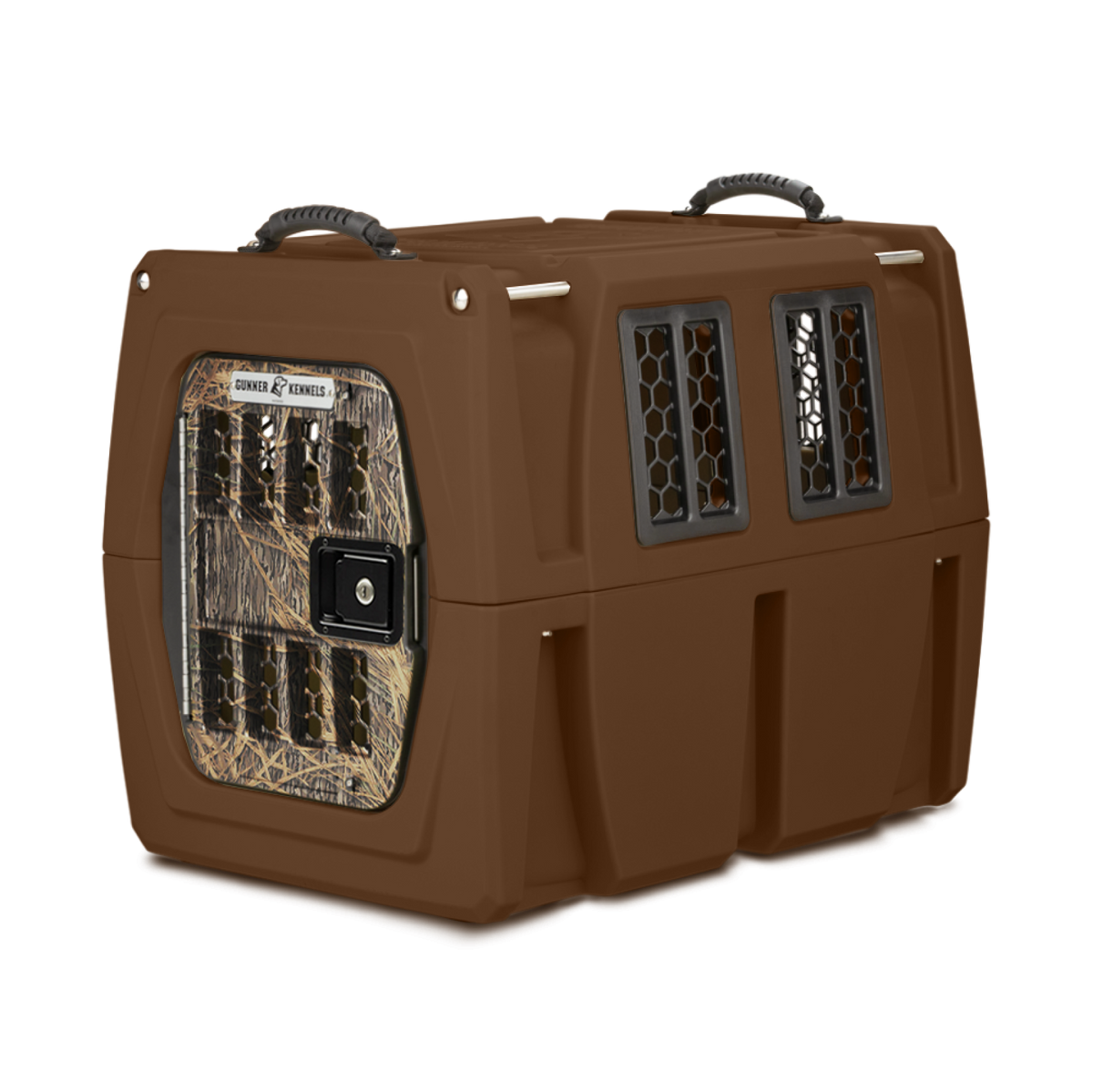 The GUNNER G1™ KENNEL – SUSQUEHANNA/MOSSY OAK SHADOW GRASS is a brown hard plastic crate with two handles, vented side windows, and a secure Mossy Oak front door—perfect for duck and goose hunters. Shown on a plain white background.
