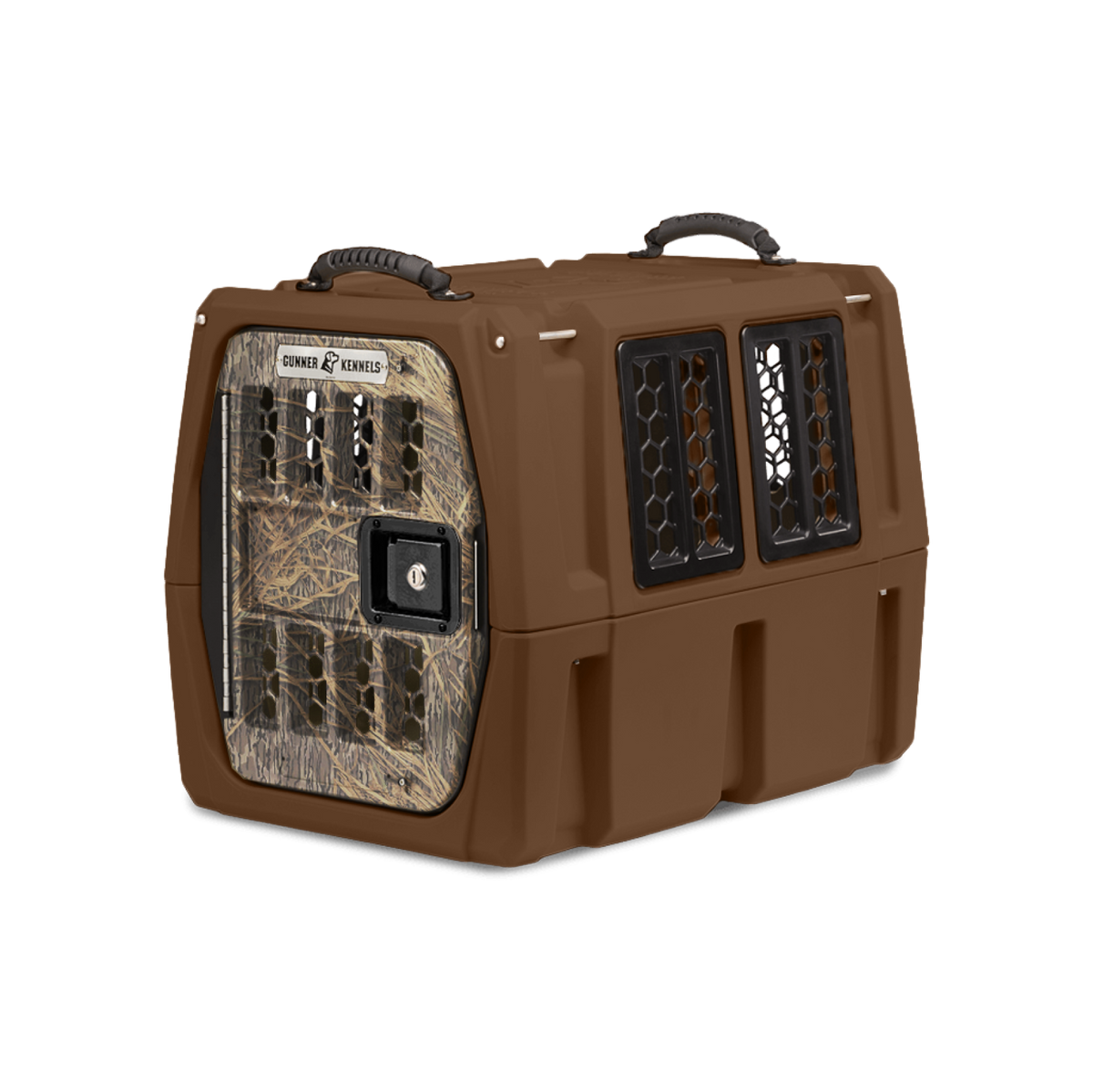 The GUNNER G1™ KENNEL - SUSQUEHANNA/MOSSY OAK SHADOW GRASS is a durable brown plastic pet kennel with a Mossy Oak pattern door, black ventilation windows, secure latch, and carrying handles—ideal for duck and goose hunters.