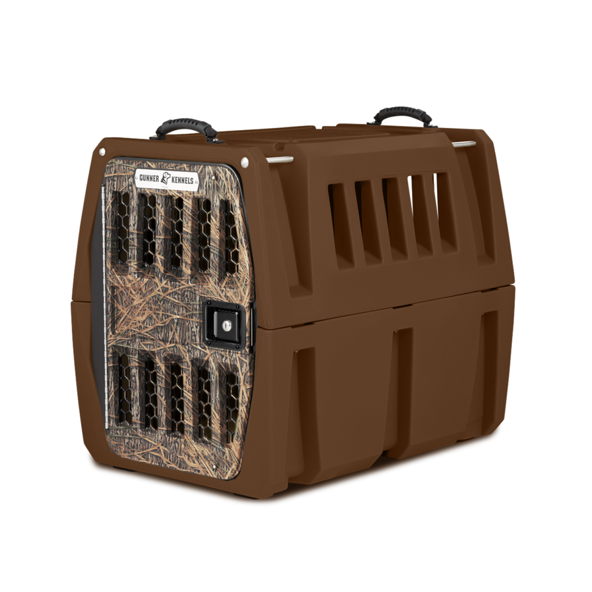 The GUNNER G1™ Kennel - Susquehanna/Mossy Oak Shadow Grass is a durable brown plastic pet crate with a Mossy Oak pattern front door, multiple ventilation slats, and two black top handles for superior dog protection.