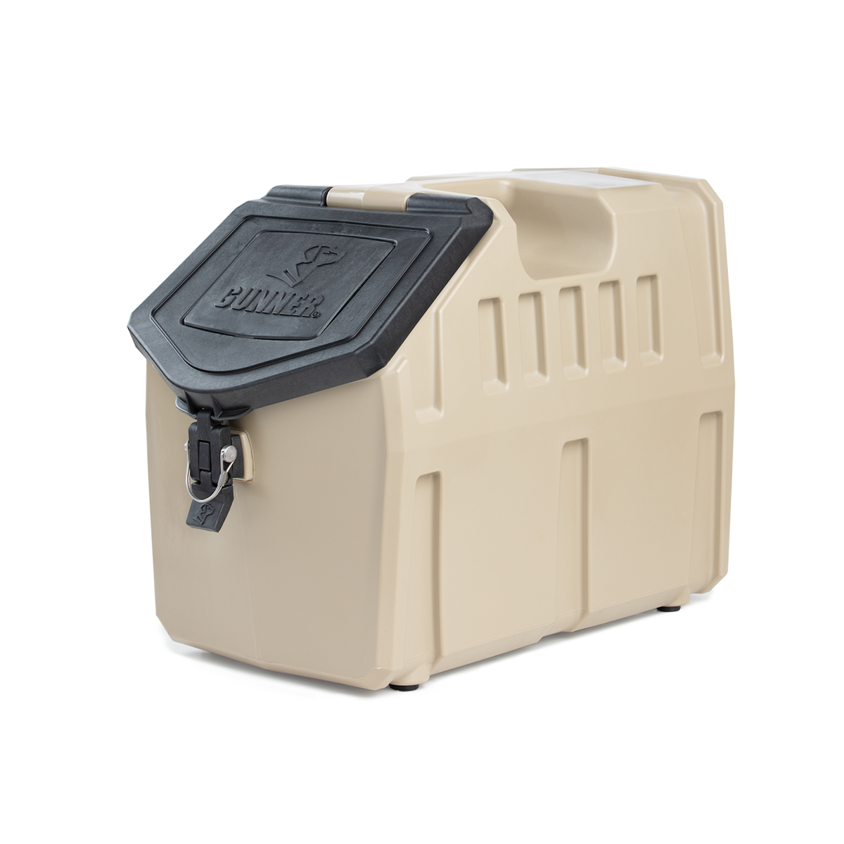 The GUNNER FOOD CRATE - TAN by GUNNER is a beige, heavy-duty plastic dog food storage container with a black lid and latch lock, designed to be pest-proof, durable, and secure.