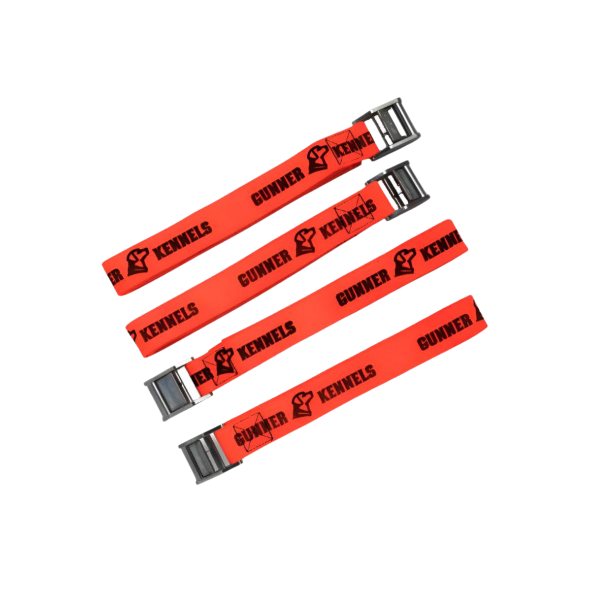 Four bright orange TIE-DOWN STRAP KIT straps from GUNNER, each with plastic buckles and bold black branding, are arranged on a white background—ideal for securing your crash test certified dog crate.