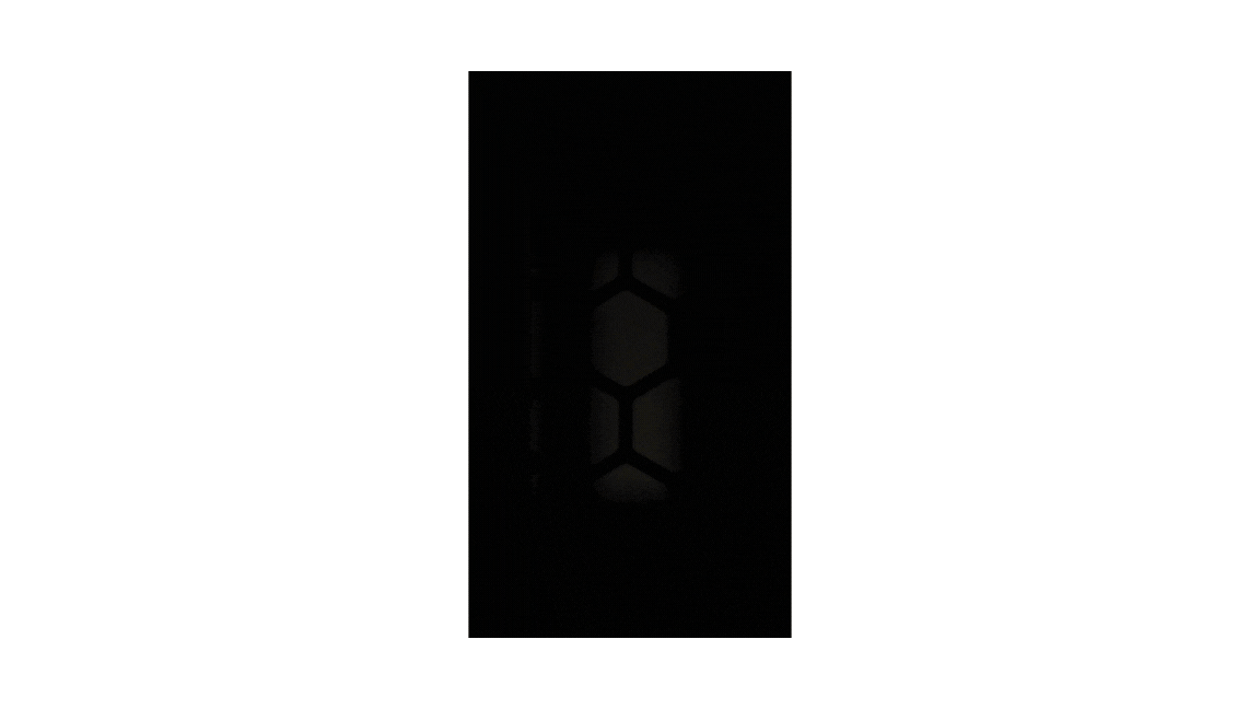 A dark image featuring a vertical rectangular window with a hexagonal pattern faintly visible in the center, reminiscent of the mesh found in a working dog kennel, all surrounded by a black background.