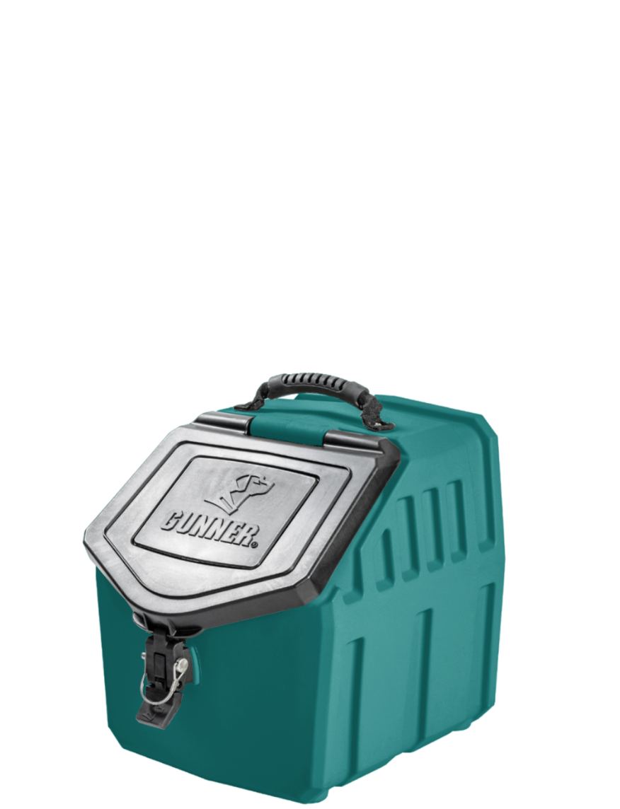 A teal-colored, heavy-duty storage box with a sturdy silver lid, black handle, and latch. Perfect as outdoor gear or a dog crate, the word “GUNNER” and a dog logo are embossed on the lid.