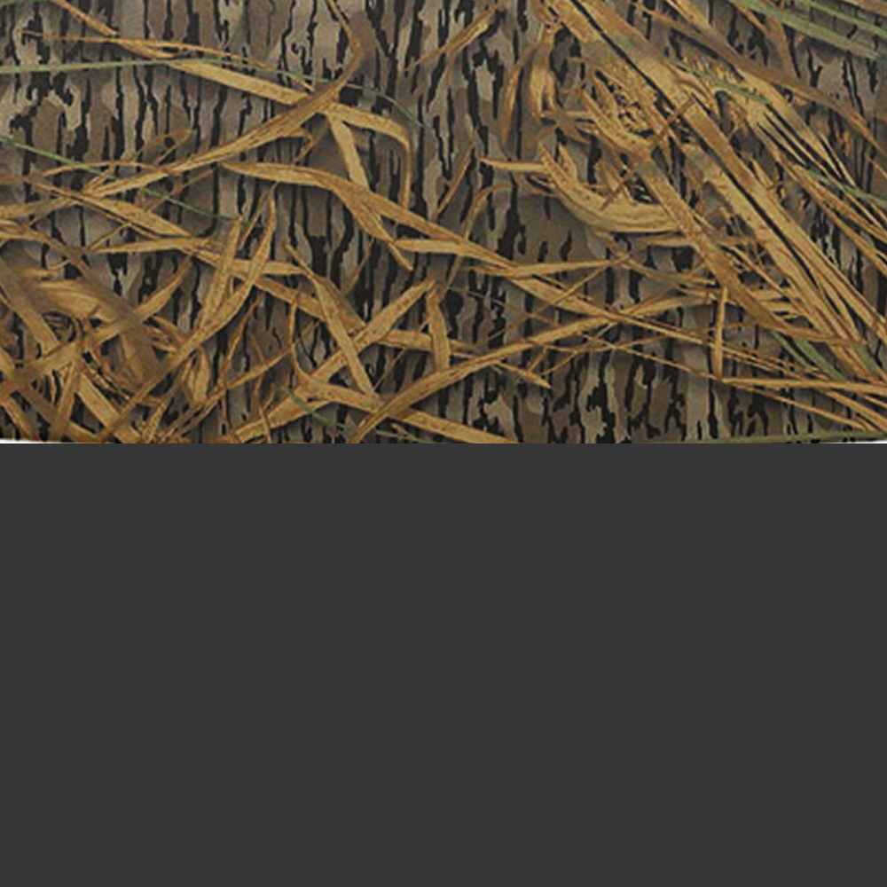 A pattern featuring brown and tan dried grass blades over a background resembling tree bark, with a solid dark gray band running horizontally across the lower part—perfect for kennel decor or durable outdoor gear.