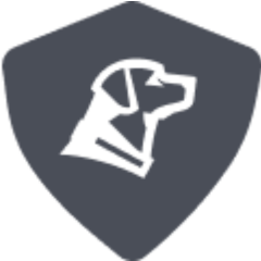 A white silhouette of a hunting dog’s head and neck in profile, centered on a dark gray shield-shaped background.