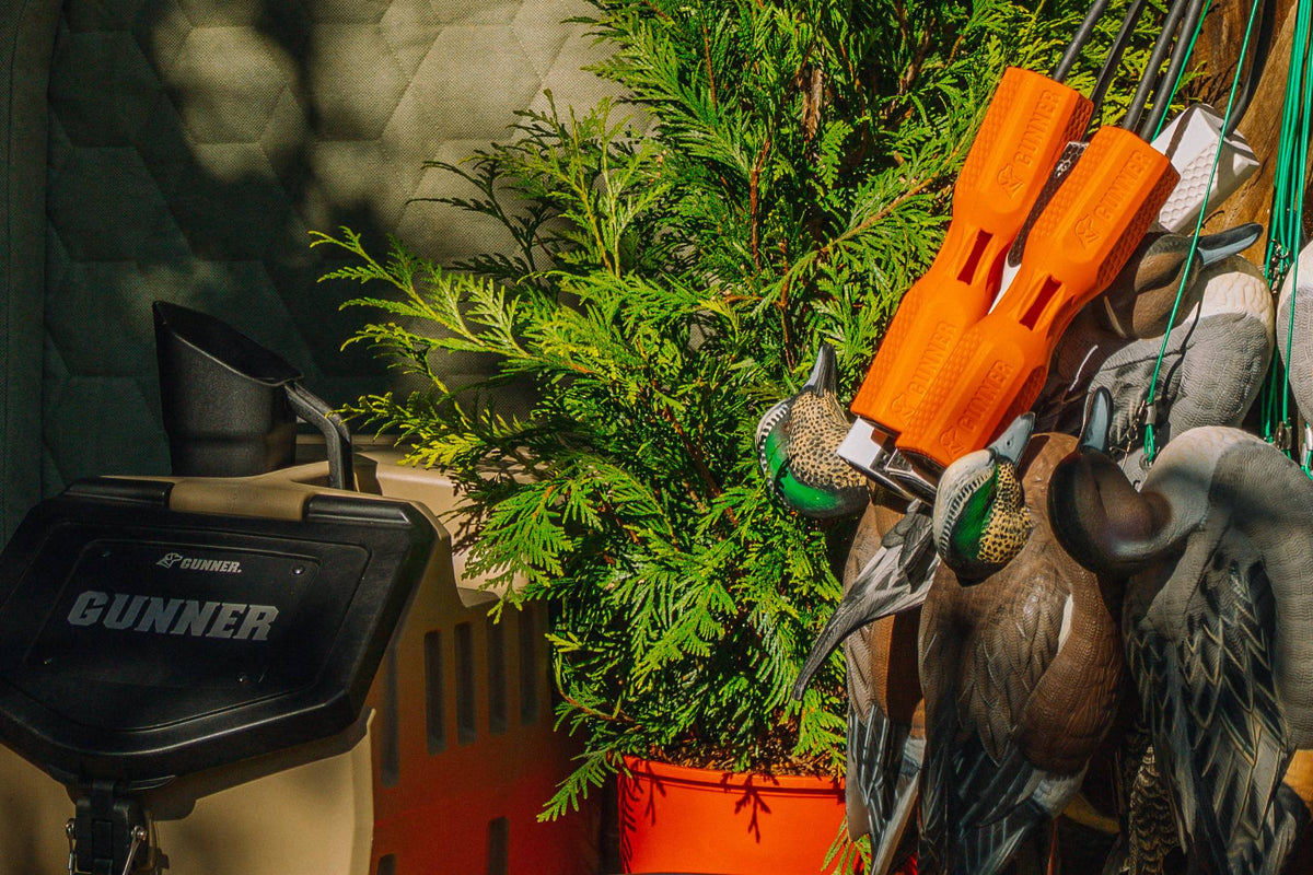 A tan dog kennel labeled GUNNER sits next to a green plant in an orange pot. Nearby hang orange dog training dummies and several duck decoys—essentials for any hunting dog—all brightly lit by sunlight.