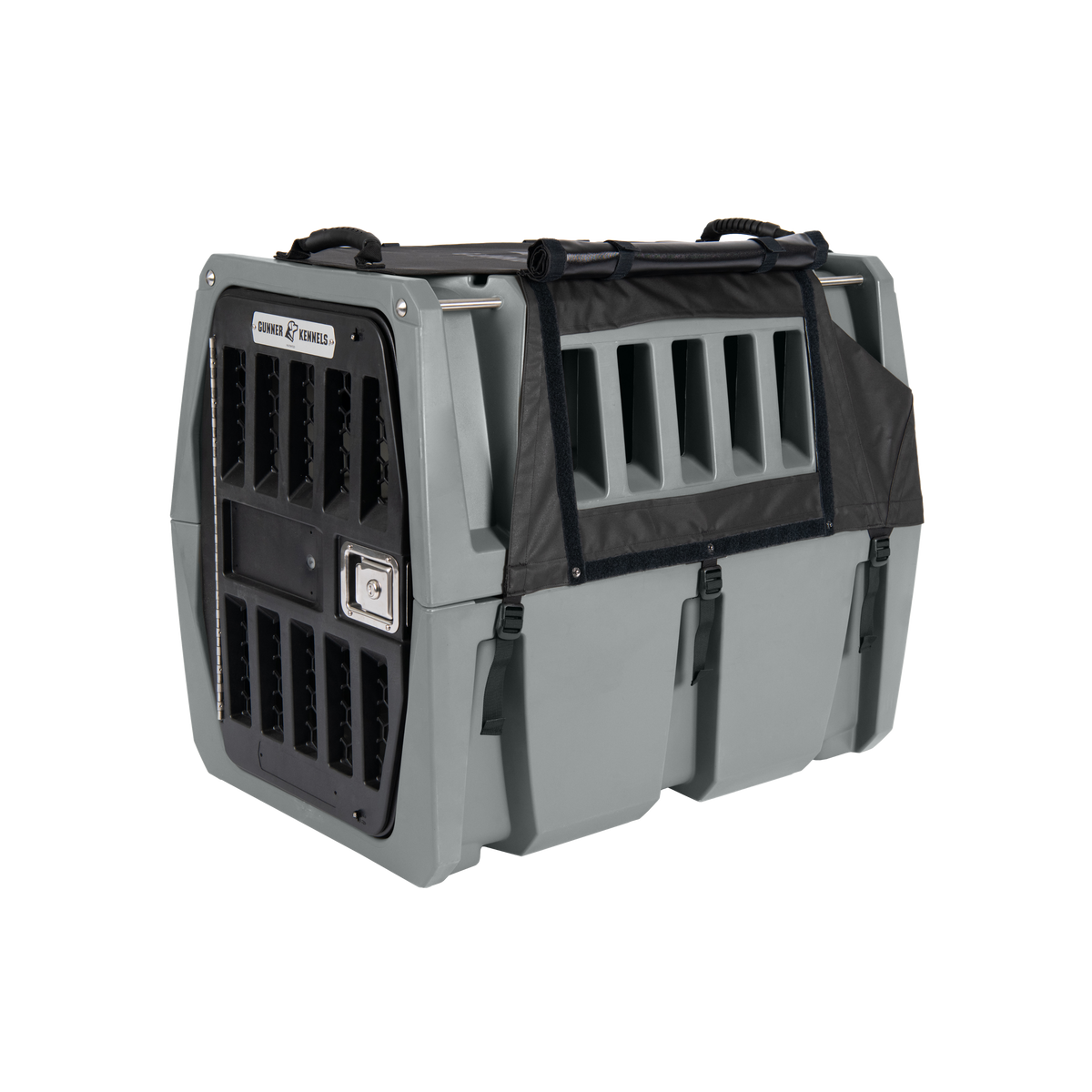 The GUNNER ALL-WEATHER KIT 2.0 features a sturdy gray plastic crate with a black metal door, side ventilation slats, and a waterproof kennel cover partially attached for UV protection.