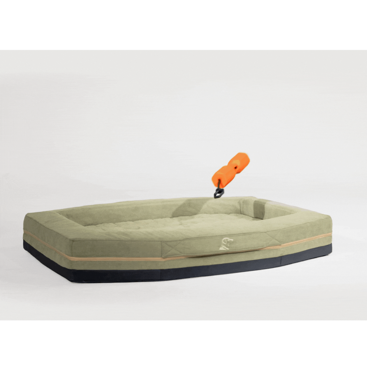 The GUNNER HOMESTEAD DOG BED Oak, a rectangular, light green inflatable bed with raised edges, is durable and easy to clean. It sits on a white background with brown bars at the top and bottom, supporting an orange floating device.