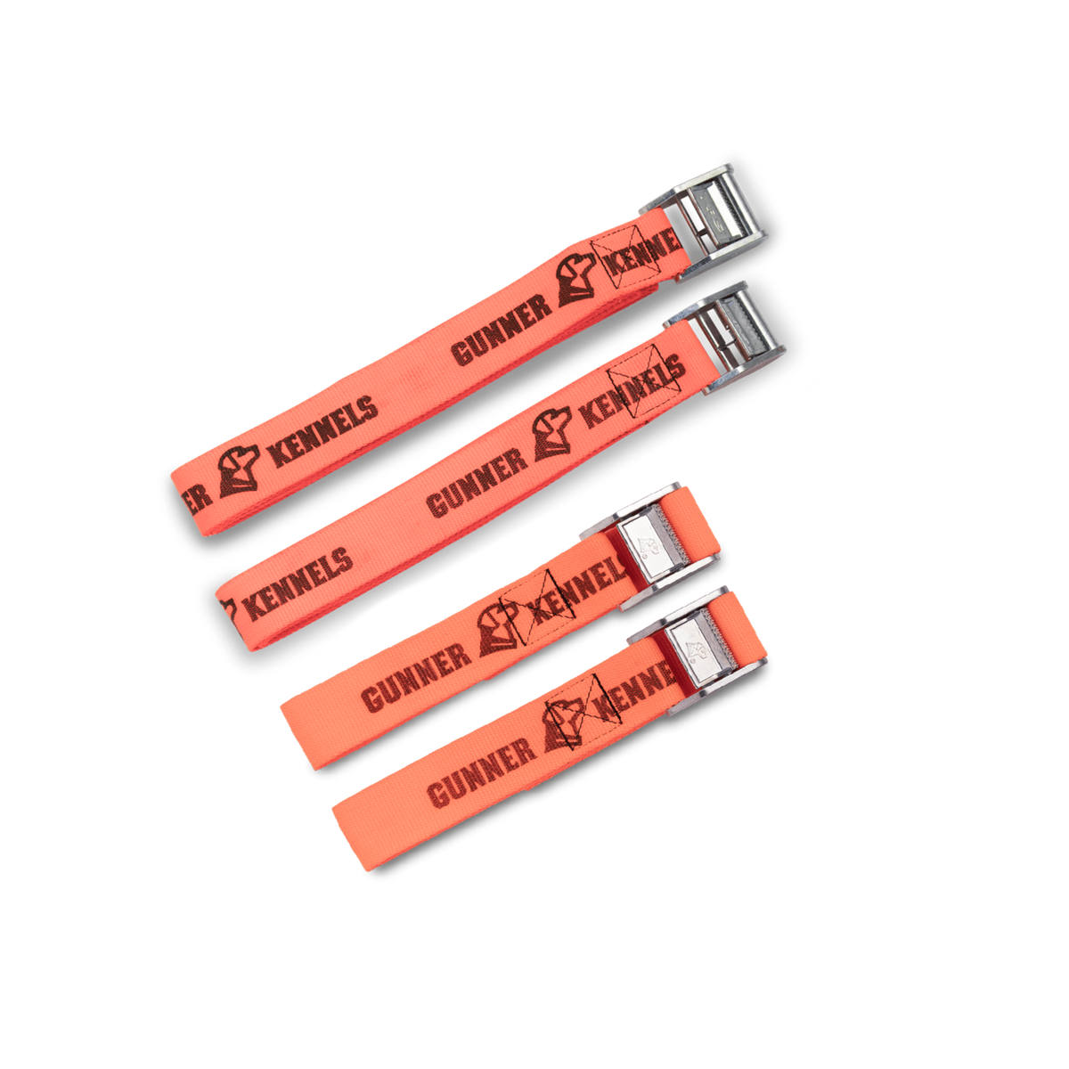 Four orange TIE-DOWN STRAP KITs by GUNNER, featuring black GUNNER text and dog head logo, are displayed in descending size order on a white background. Each has a silver buckle and is inspired by our crash-tested dog crate.