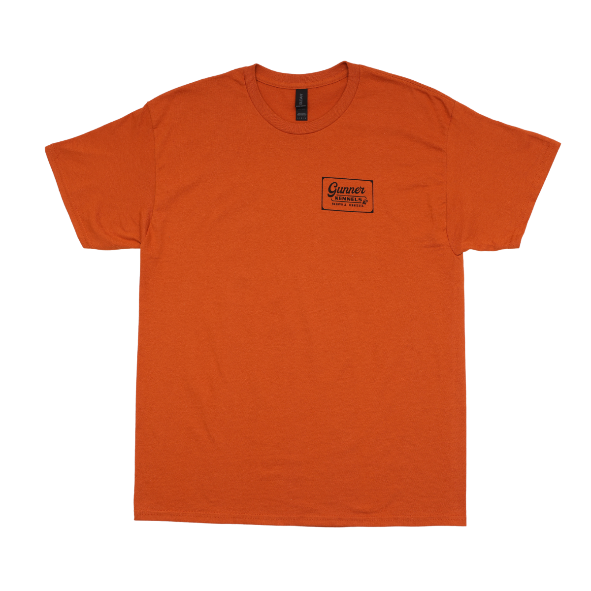 The GUNNER UPLAND TEE is an orange short-sleeve shirt featuring a small black logo and on point text on the left chest—perfect for handlers and their dogs, shown on a plain white background.
