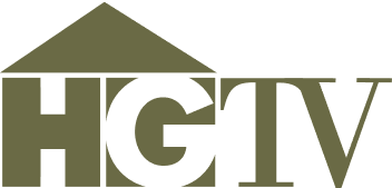 The HGTV logo in olive green features large block letters H G T V, with the H forming the shape of a house roof—echoing the sturdy design of a dog kennel fit for a working dog.