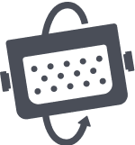 A stylized icon of a rectangular filter with dots inside, flanked by two pipe connectors, and two curved arrows surrounding it—suggesting air flow and filtration in a kennel or dog crate environment.