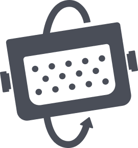 A stylized gray icon of a rectangular filter with dotted holes, two horizontal connectors on each side, and two curved arrows showing airflow—perfect for keeping your kennel or outdoor gear fresh and ventilated.