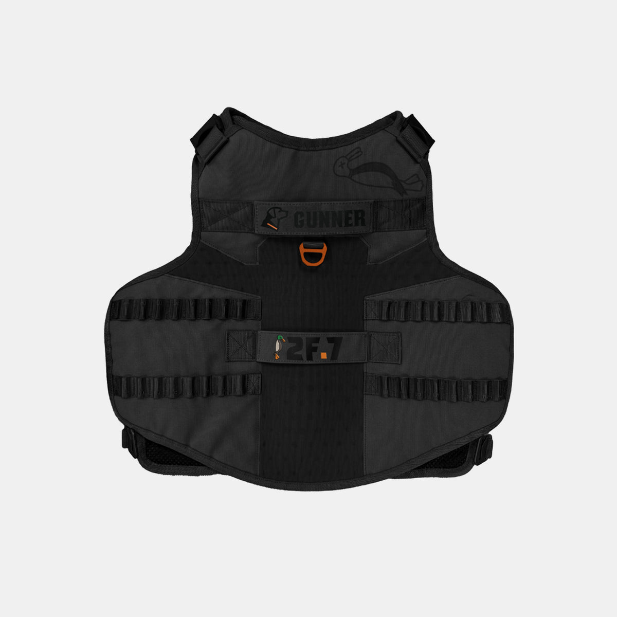 The GUNNER x 2F.7 Waterfowl Dog Vest by GUNNER is a black tactical vest with orange accents, adjustable straps, a handle, MOLLE webbing, and a patch area labeled 2F.7, shown on a plain white background.