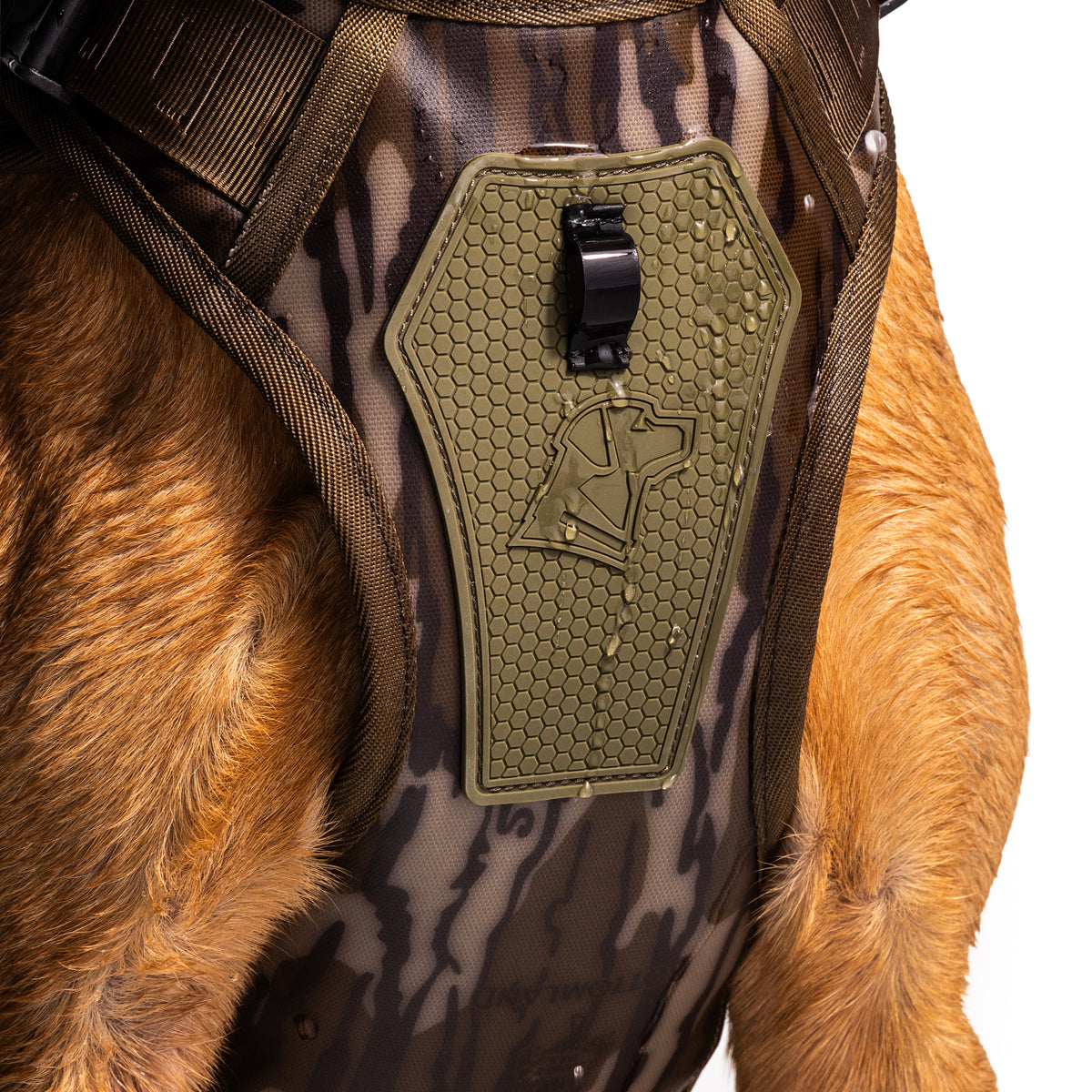 A close-up of a light brown dog’s chest wearing the GUNNER Waterfowl Dog Vest in Mossy Oak Bottomland®, featuring a camouflage design with an olive-green patch and secure buckle attachment.