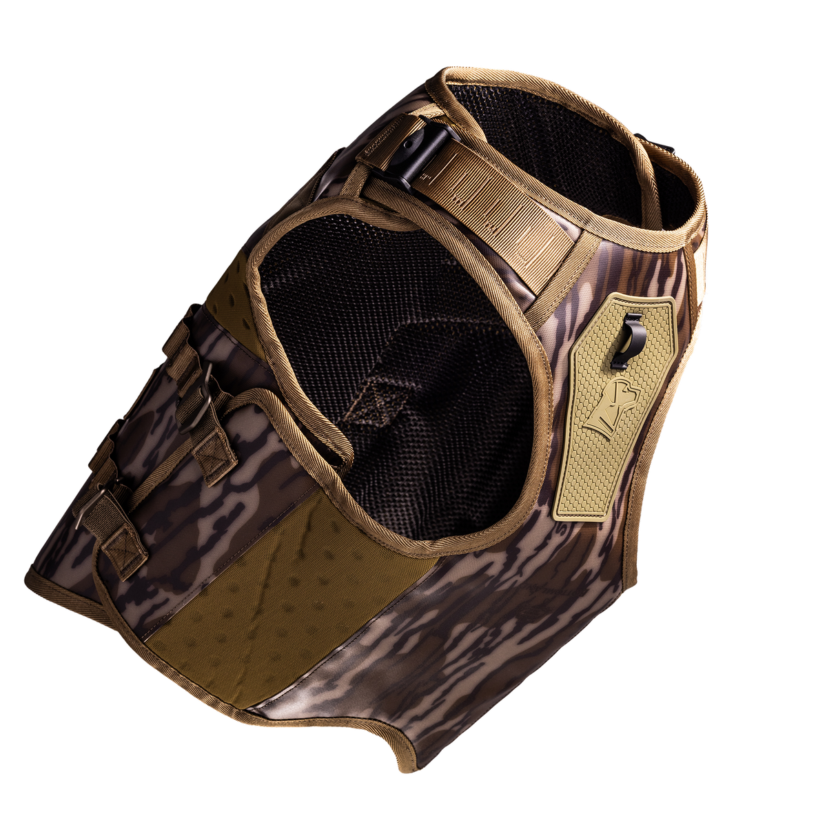 The GUNNER Waterfowl Dog Vest in Mossy Oak Bottomland® features a brown camouflage pattern, mesh lining, adjustable straps, buckles, top handle, and a 5-Layer Performance System. Inspired by the classic GUNNER Waterfowl Vest. Displayed on white.