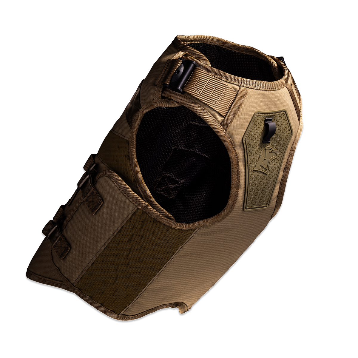 The GUNNER Waterfowl Dog Vest Marsh is a tan tactical harness with adjustable straps, mesh padding, side release buckles, a top handle, patch area on the side, and 5-Layer Performance System against a plain white background.