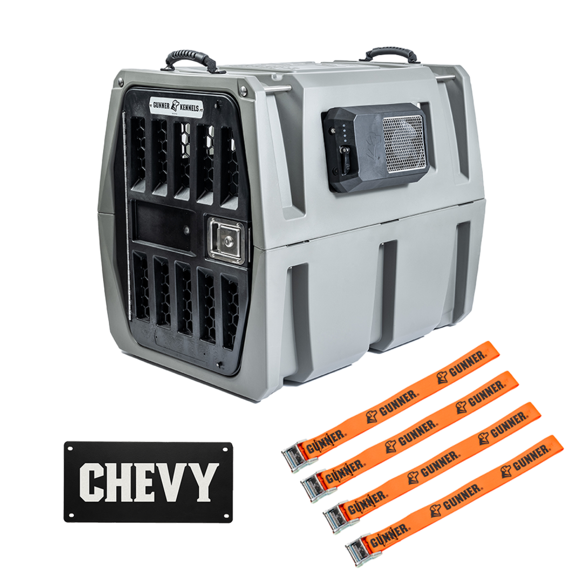 A heavy-duty gray dog crate with ventilation slats and handles, a black nameplate labeled CHEVY, and four orange Gunner branded stick-shaped dog treats arranged nearby—perfect outdoor gear for your working dog.