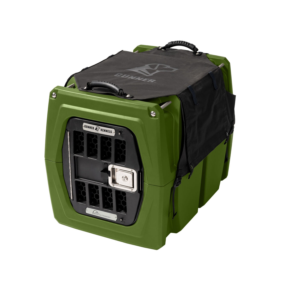 The GUNNER ALL-WEATHER KIT 2.0 is a green hard-sided pet kennel featuring a black metal door, waterproof cover, carrying handles, front and side ventilation holes, and added UV protection for comfortable travel in any conditions.