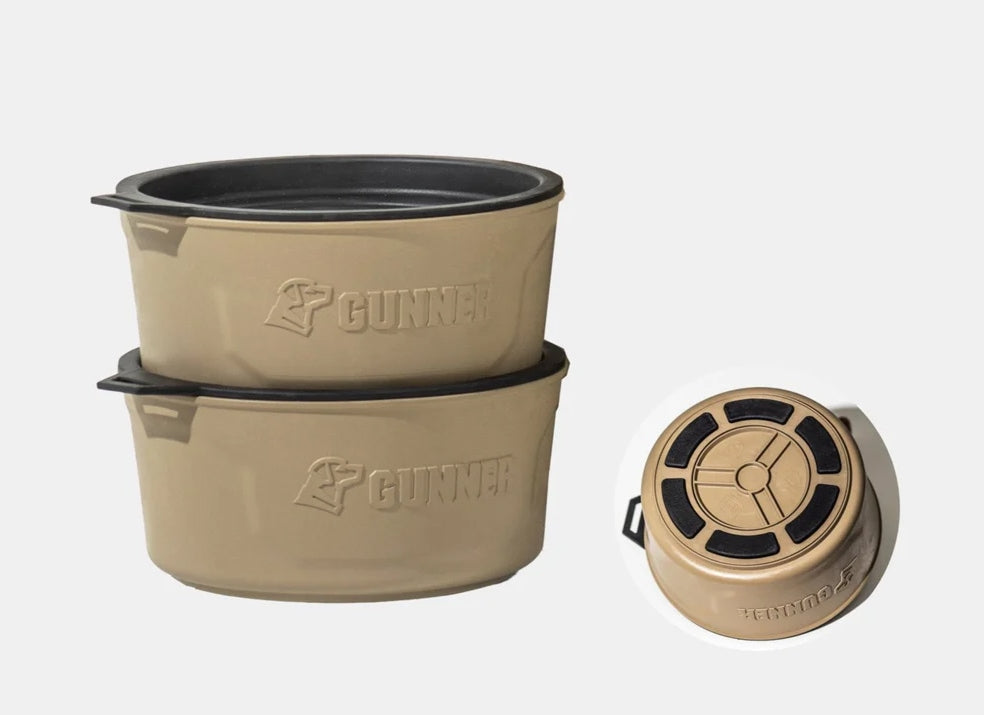 Two tan-colored GUNNER dog bowls, stacked on top of each other, are perfect for your kennel. A third bowl is shown from above, highlighting its black non-slip base—ideal for keeping your hunting dogs feeding area tidy.