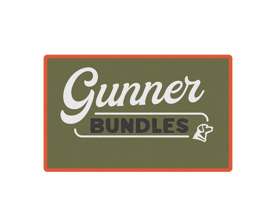 A rectangular sign with an olive green background, orange border, and the words “Gunner Bundles” in stylized white and black text, next to a small dog head icon—perfect for any dog kennel or crate setup.
