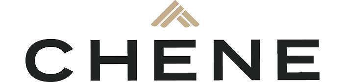 The word CHENE in bold black letters below a gold geometric design of three upward-pointing angled lines on a white background, evoking the refined strength and loyalty often associated with a well-bred hunting dog or an esteemed kennel.
